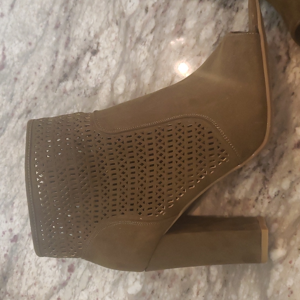 Green Faux Suade Bamboo 4.5" Heeled Open-Toe Boot